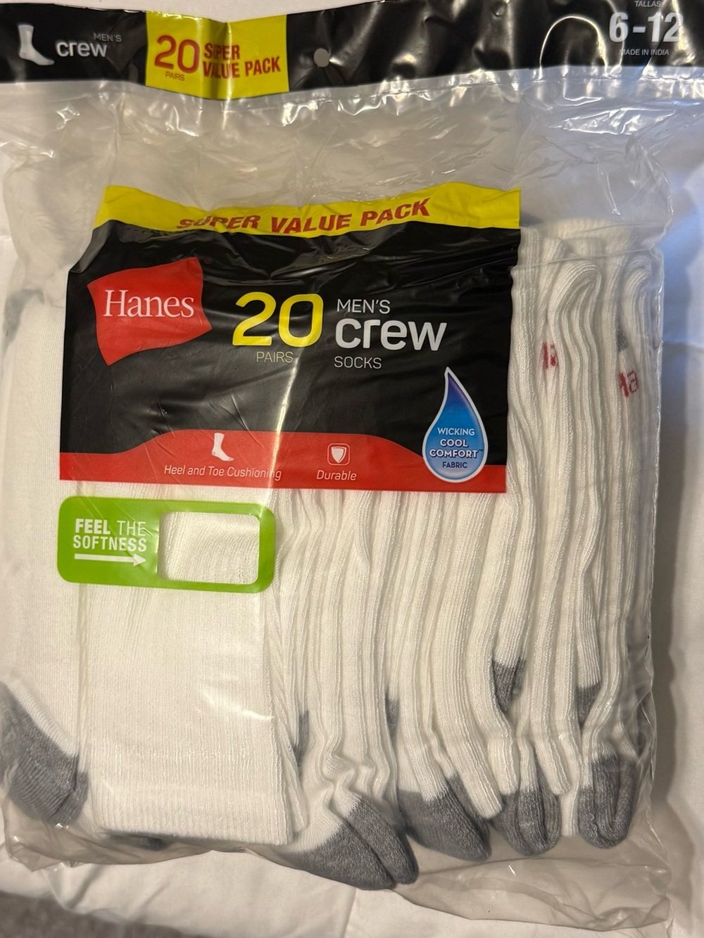 Hanes Men's White Crew Socks with Gray Accents - 20 Pack